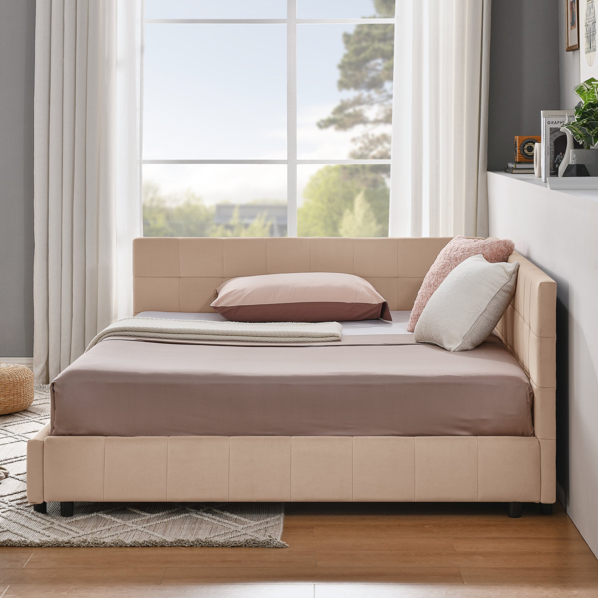 Mid Century Full Size Upholstered Tufted Bed Frame With Backrest And Armrests Velvet - Pink - Image 6