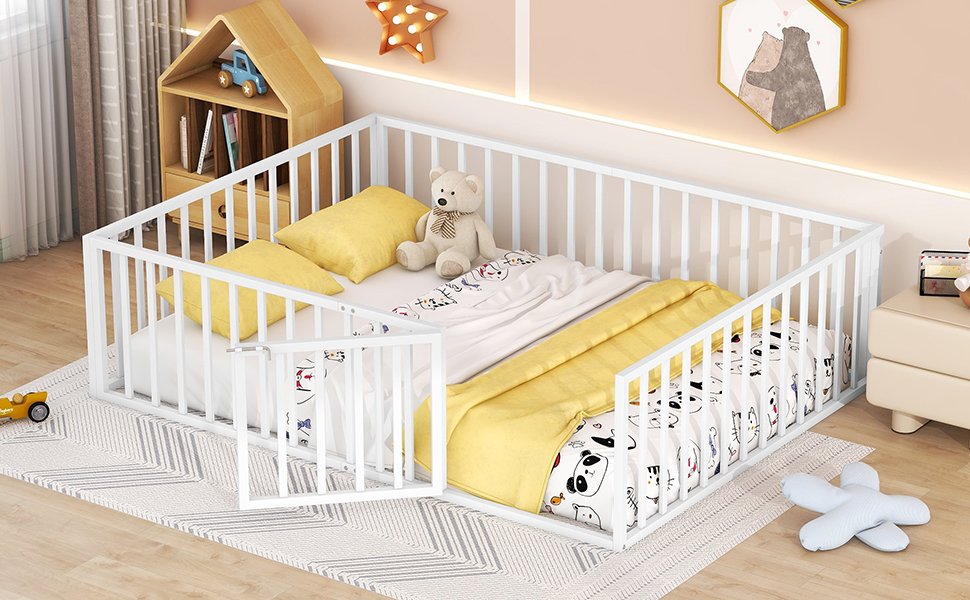 Queen Size Floor Bed Frame With Fence And Door - White - Image 11