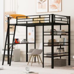 Twin Size Loft Bed With 3 Layers Of Shelves And Desk, Stylish Frame Bed - Black