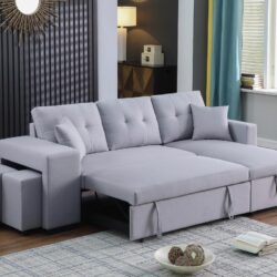 Dennis - Linen Fabric Reversible Sleeper Sectional With Storage Chaise And 2 Stools - Light Gray