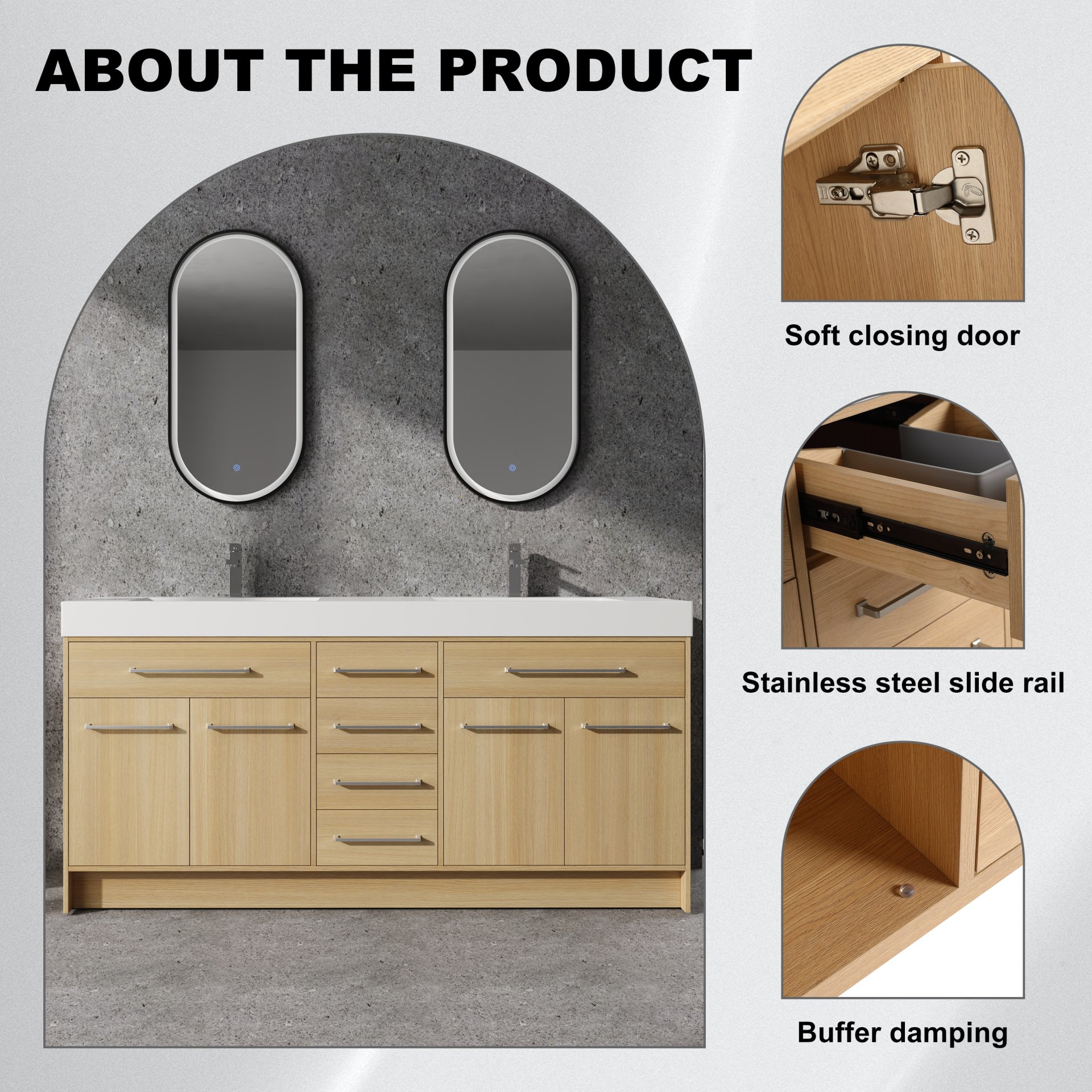 72" Freestanding Bathroom Vanity With Double Resin Sink Plywood Construction - Oak - Image 3