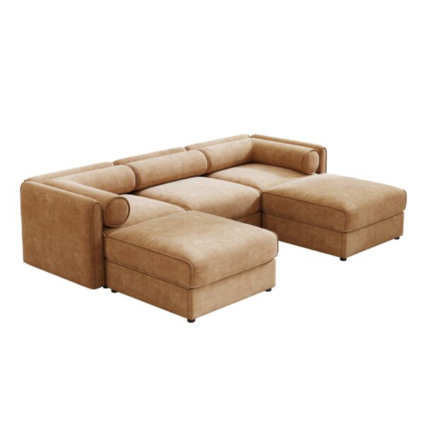 Elegant Chenille Sofa With Storage Seat And Ottoman U Shaped 3 Seater Cylindrical Backrest And Armrests - Camel