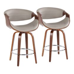Symphony - Mid-Century Modern Fixed Height Counter Stool With Swivel With Round Footrest (Set of 2) - Walnut / Gray