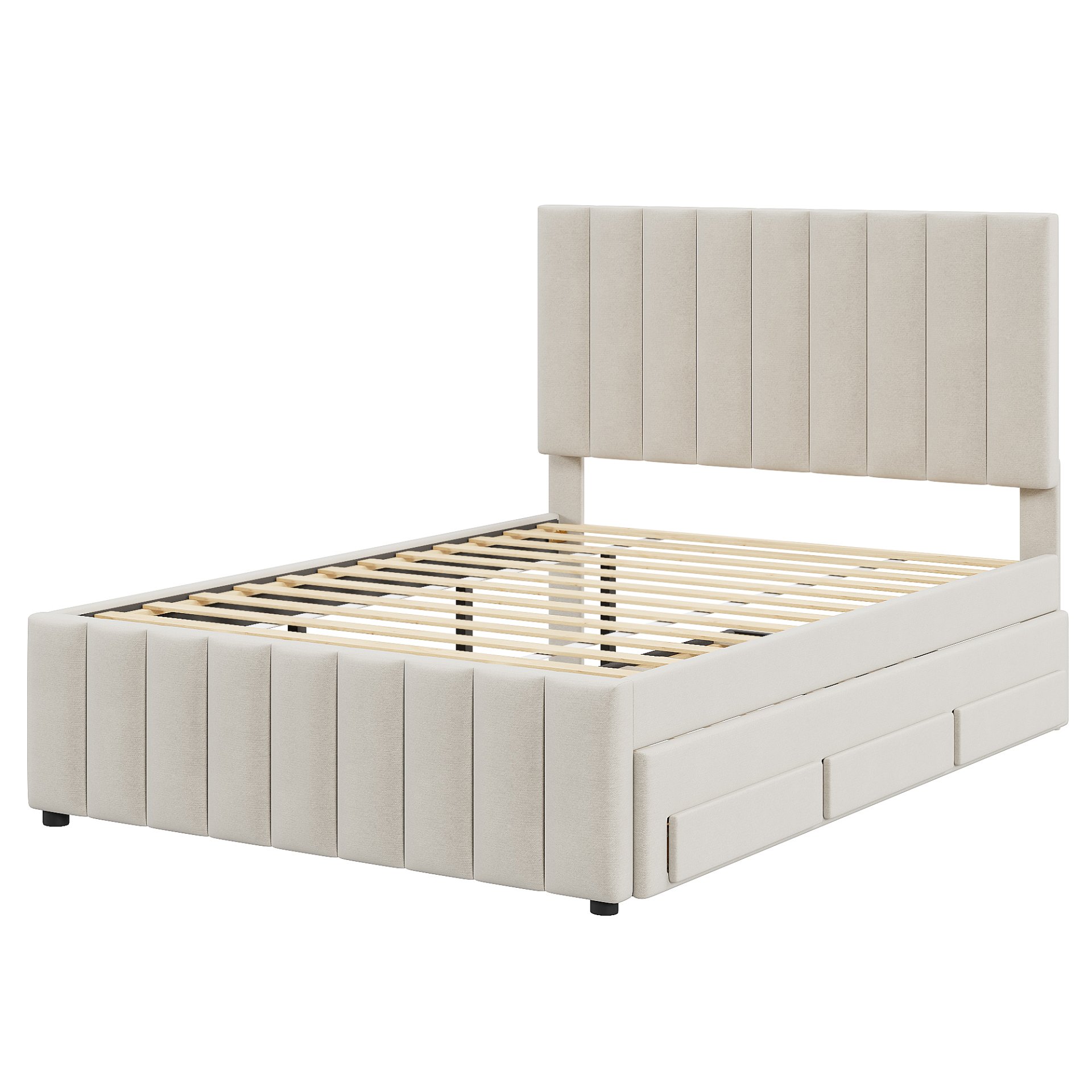 Full Size Upholstered Platform Bed With Twin Size Trundle And 3 Drawers - Beige - Image 4