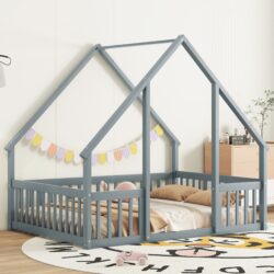 Full Wood House-Shaped Floor Bed With Fence, Guardrails - Gray