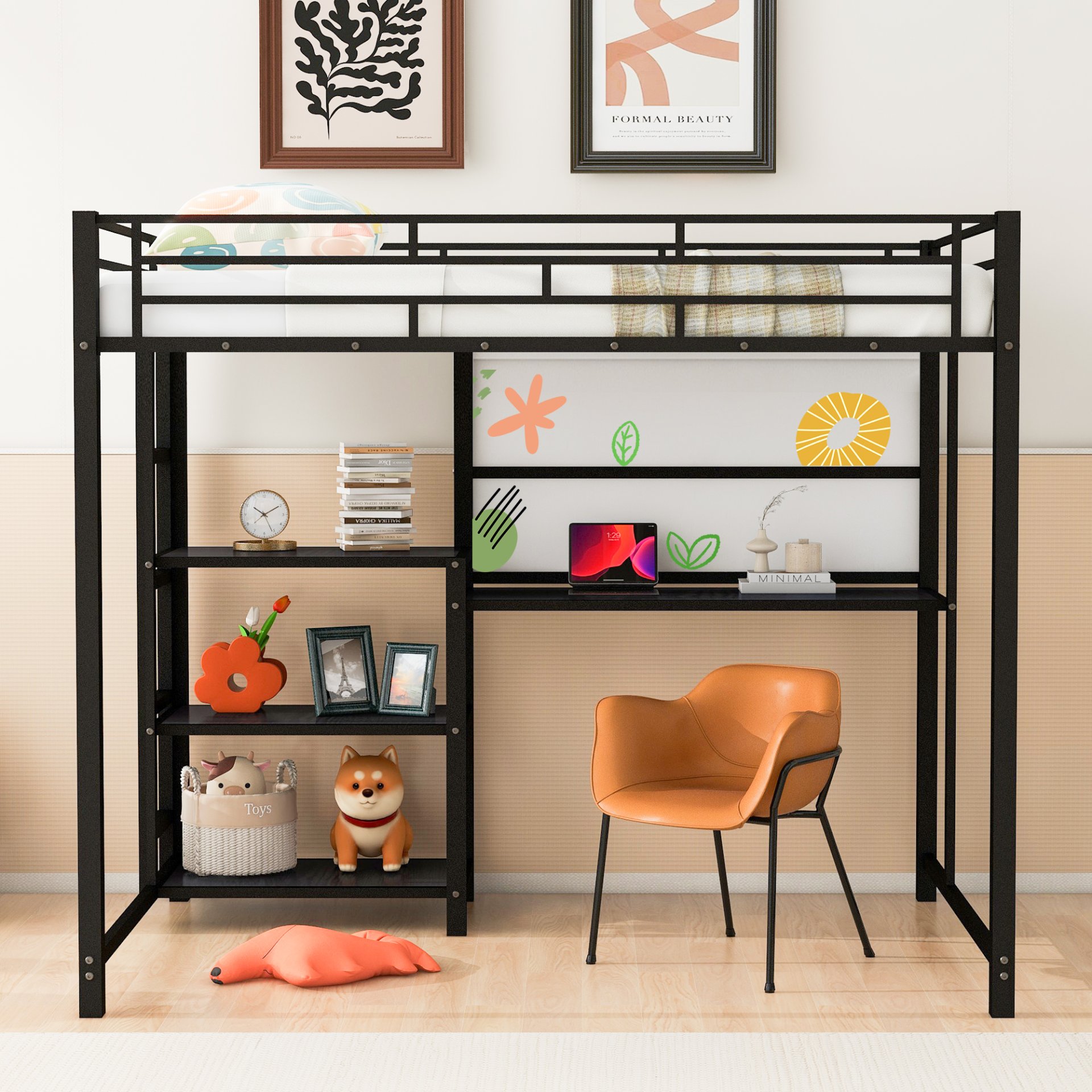 Full Size Loft Bed With Desk And Whiteboard, With 3 Shelves And Ladder - Black - Image 2
