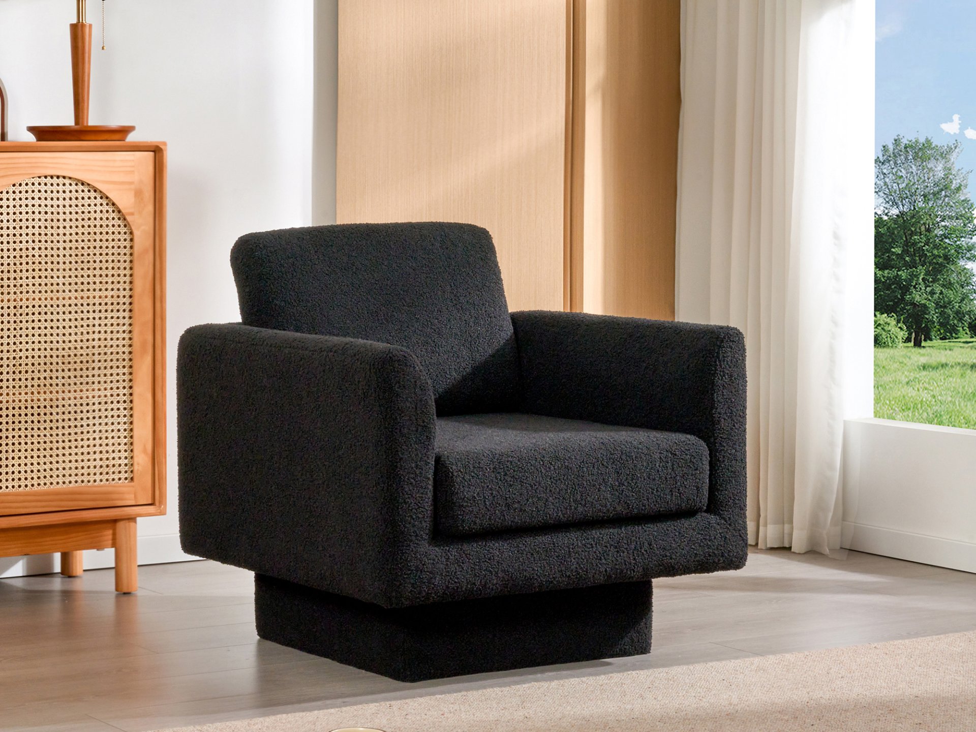 360° Modern Swivel Accent Chair Round Armchair, Thick Padded Single Lounge Sofa Upholstered Comfy - Black - Image 19