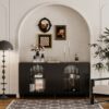 Accent Cabinet Lacquered Wooden Cabinet With 4 Glass Doors Sideboard Buffet Server Cabinet Storage Cabinet, For Living Room, Entryway, Hallway, Office, Kitchen And Dining Room - Black - Image 2