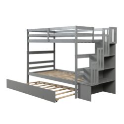 Twin Over Twin Bunk Beds With Twin Trundle And Stairway Storage Function - Gray