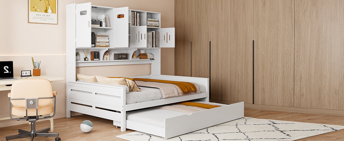 Full Size Wooden Daybed With Twin Size Trundle, And All In One Cabinet And Shelf - White - Image 19