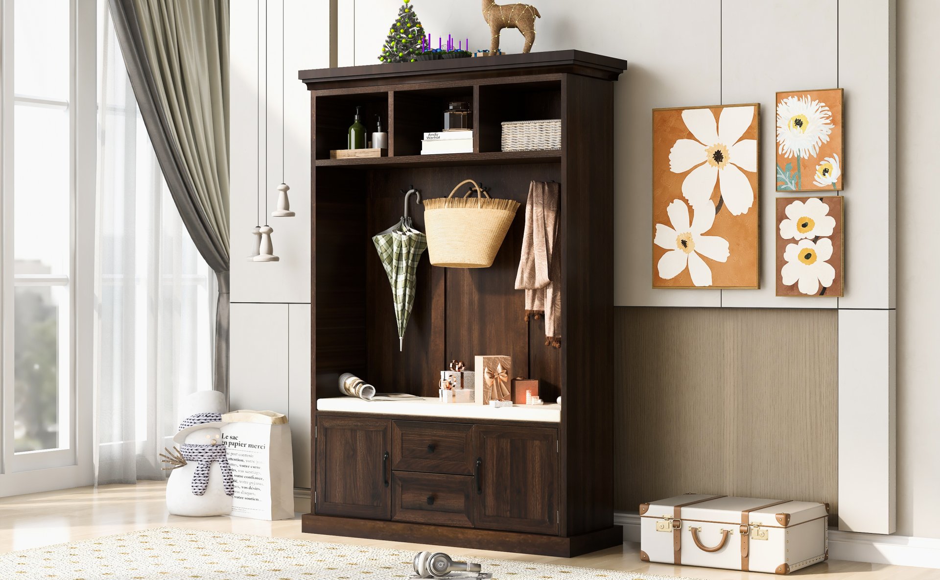 Hall Tree With 3 Hooks, Coat Hanger, Entryway Bench, Storage Bench, 3 In 1 Design, For Entrance, Hallway Tiger - Brown - Image 4