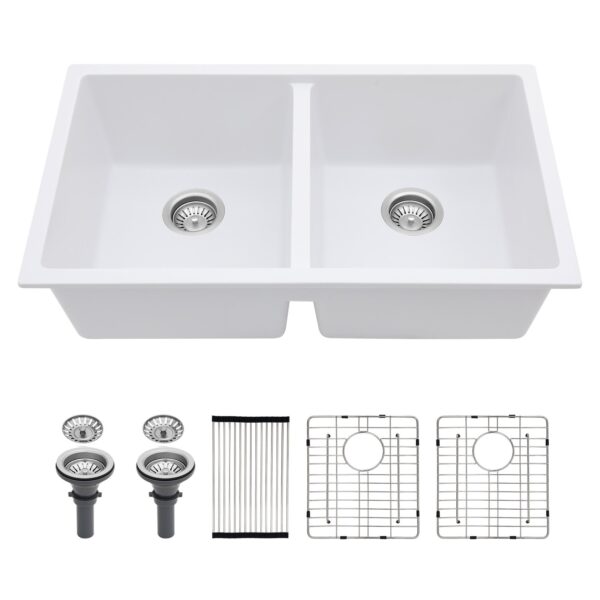 Kitchen Sink Double Bowl Granite Composite Undermount 33" X 19" - White