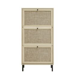 Modern Freestanding Rattan 3 Door Shoe Rack Storage Cabinet For Entryway - Natural Particle Board