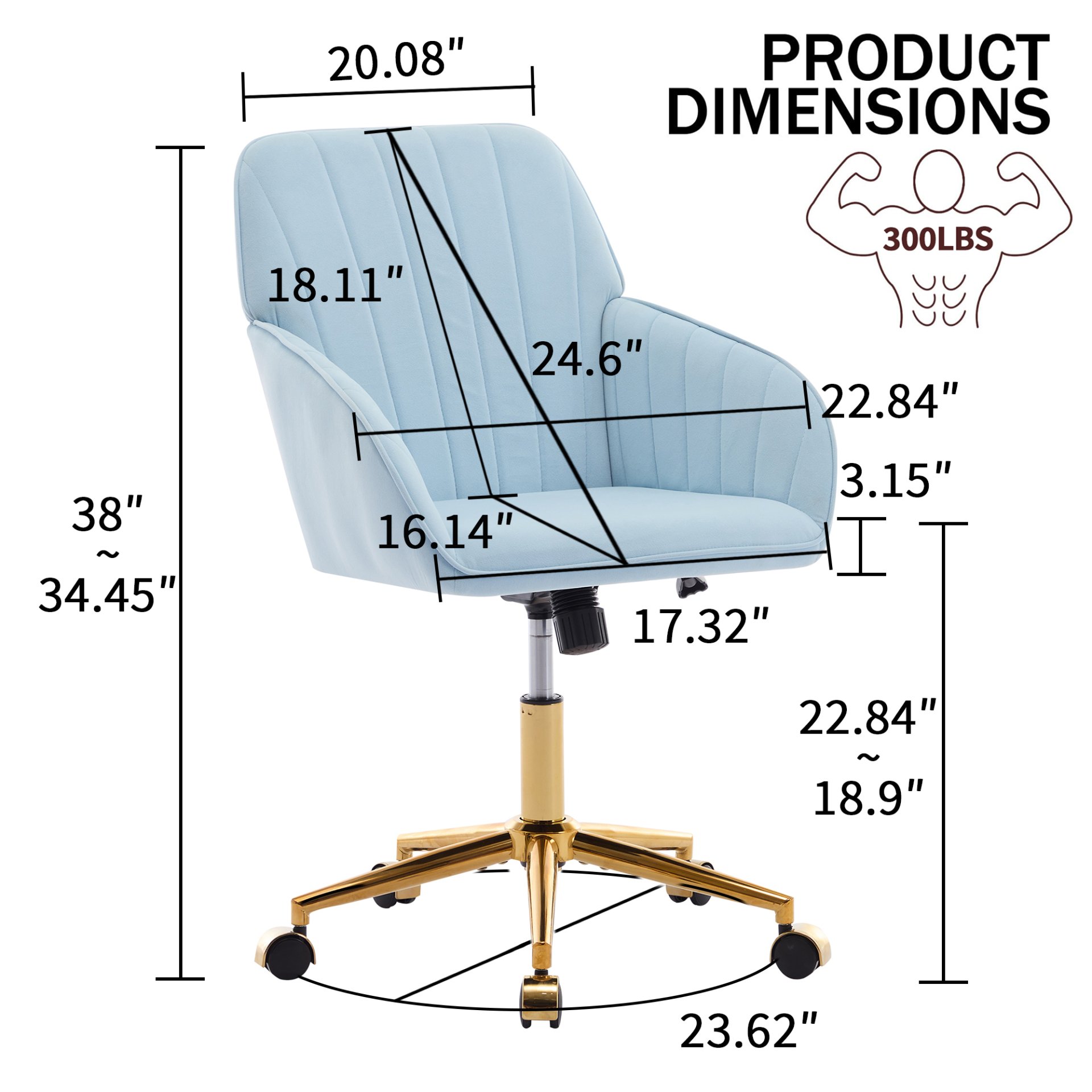 Adjustable Office Chair, Ergonomic Swivel Chair With Golden Base, Comfortable For Long Sitting - Baby Blue - Image 3