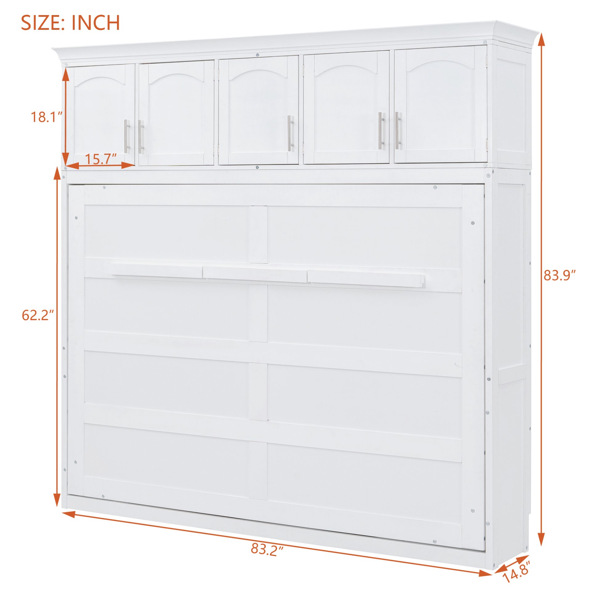 Full Size Space Saving Murphy Wall Bed With Top Cabinets, Flexible Slats - White - Image 3