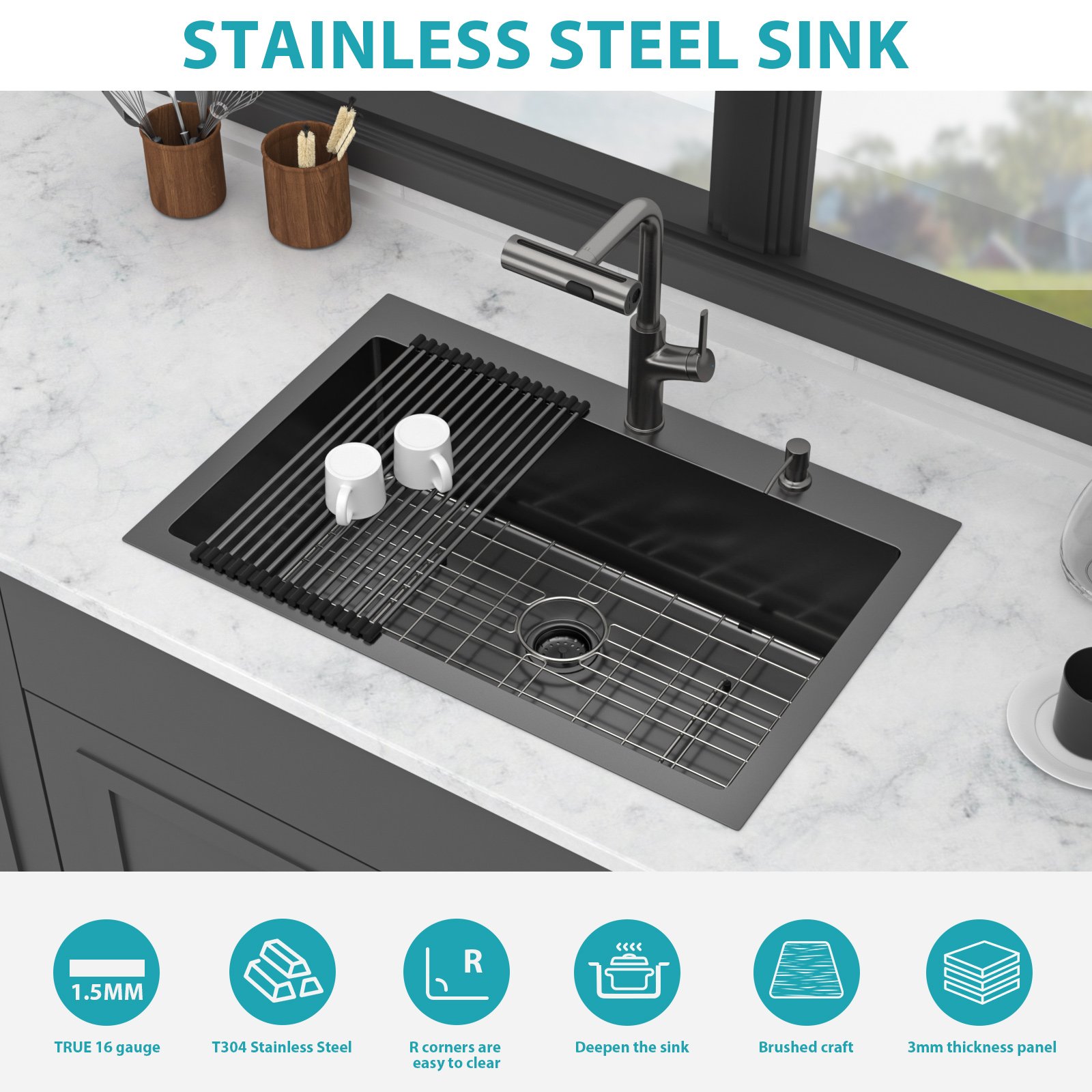 30" Drop In Kitchen Sink With Pull Out Faucet And Soap Dispenser 16 Gauge T 304 Single Bowl Topmount Sink - Gunmetal Black - Image 6