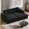 Oversized Loveseat Chaise Lounge Sectional Sofa Bed Corduroy Sleeper Sofa With 2 USB Ports, 2 Cup Holders And 2 Throw Pillows For Living Room And Bedroom - Black - Image 2