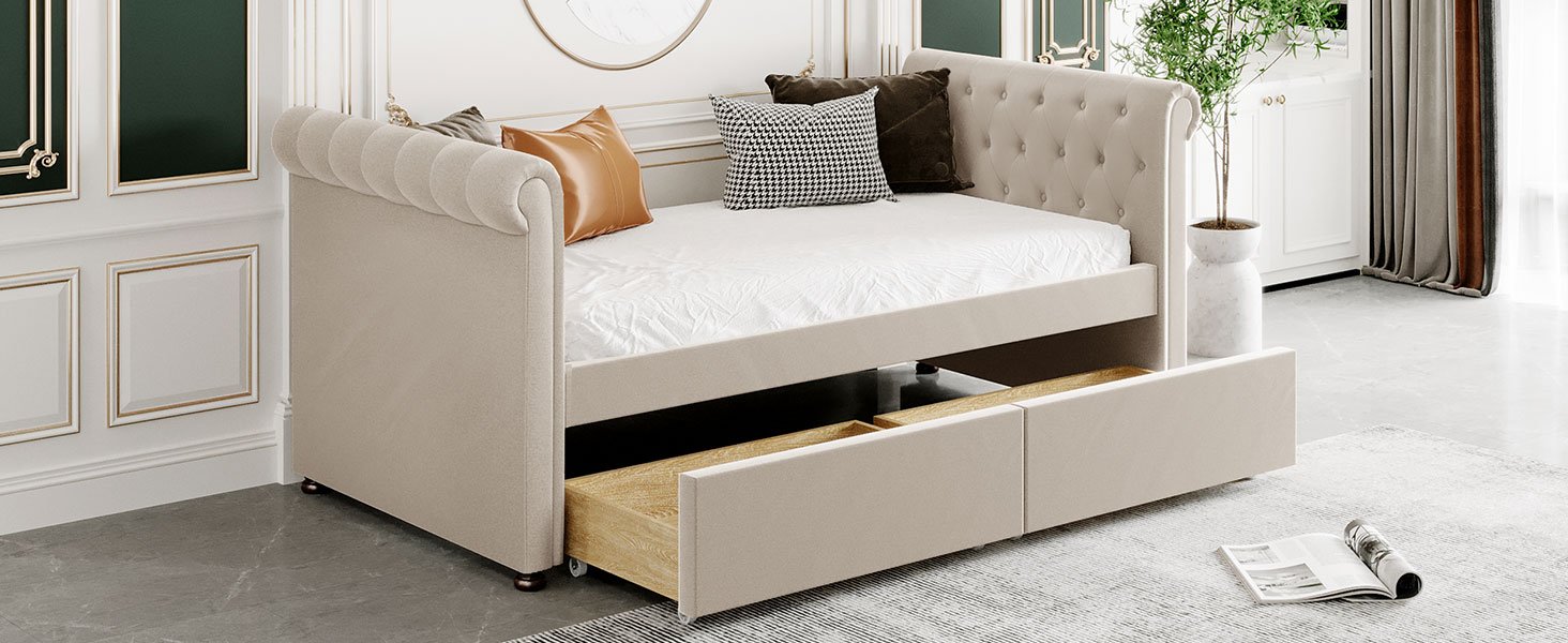 Twin Size Upholstered Daybed With Drawers, Slat Support - Beige - Image 14