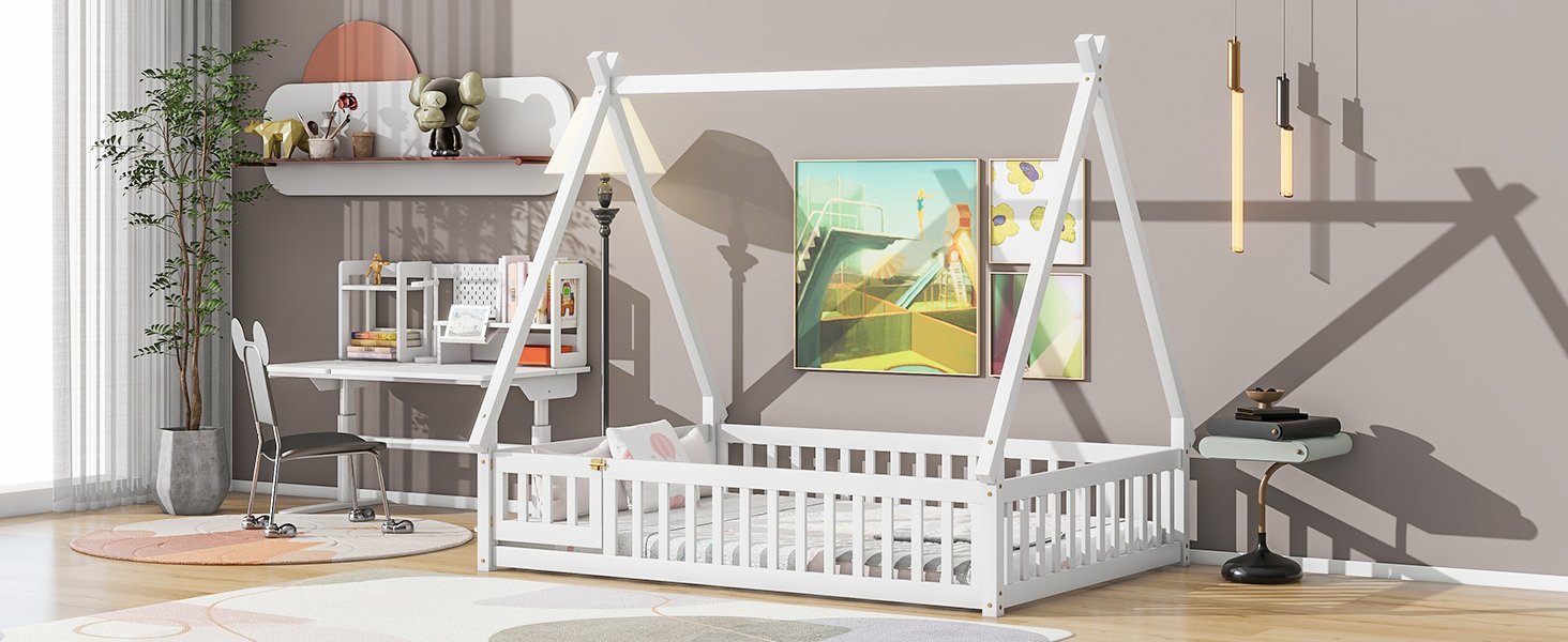 Full Tent-Shaped Floor Bed, With Guardrails, Slats, Door - White - Image 7