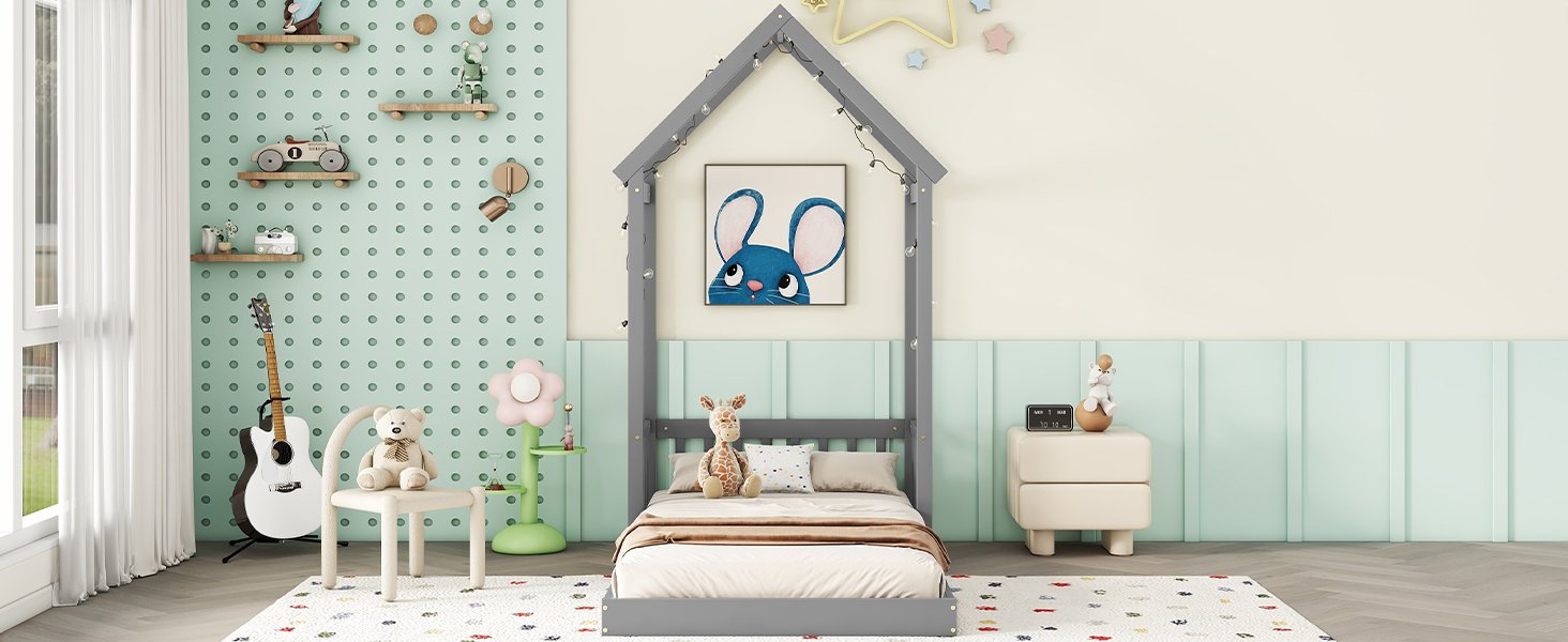 Twin House-Shaped Roof Headboard Floor Bed, (Without Slats) - Gray - Image 10