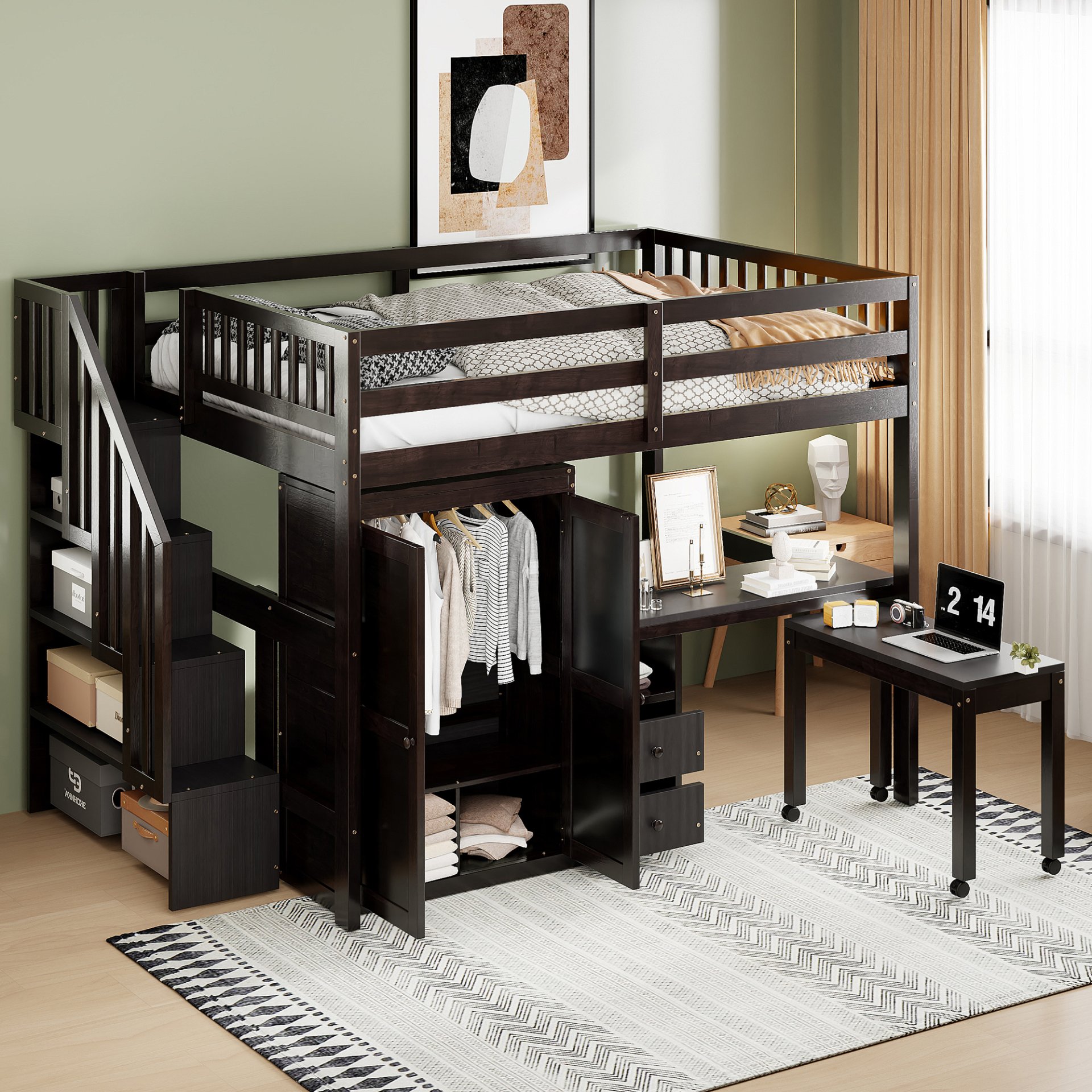 Full Size Loft Bed With Stairs, Bookshelf, Drawers, Desk & Wardrobe, Space Saving Multifunctional Furniture - Espresso - Image 3