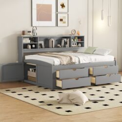 Full Size Daybed With 2 Bedside Cabinets, Upper Shelves And 4 Drawers - Gray