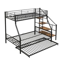 Twin Over Full Size Metal Bunk Bed With Trundle And Storage Staircase - Black