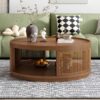 Wooden Mid-Century Modern Coffee Table, Round Cane Coffee Table With Side For Living Room - Brown - Image 2