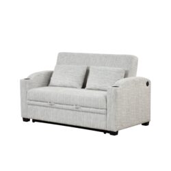 Pull Out Sofa Bed Modern Chenille Convertible Loveseat Sofa With Adjsutable Backrest, 2 Pillows, Cup Holders, USB Ports For Living Room, Apartment - White / Gray