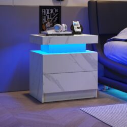 Nightstand LED Bedside Table Cabinet Ligh Modern End Side With 2 Drawers For Bedroom - Matte White