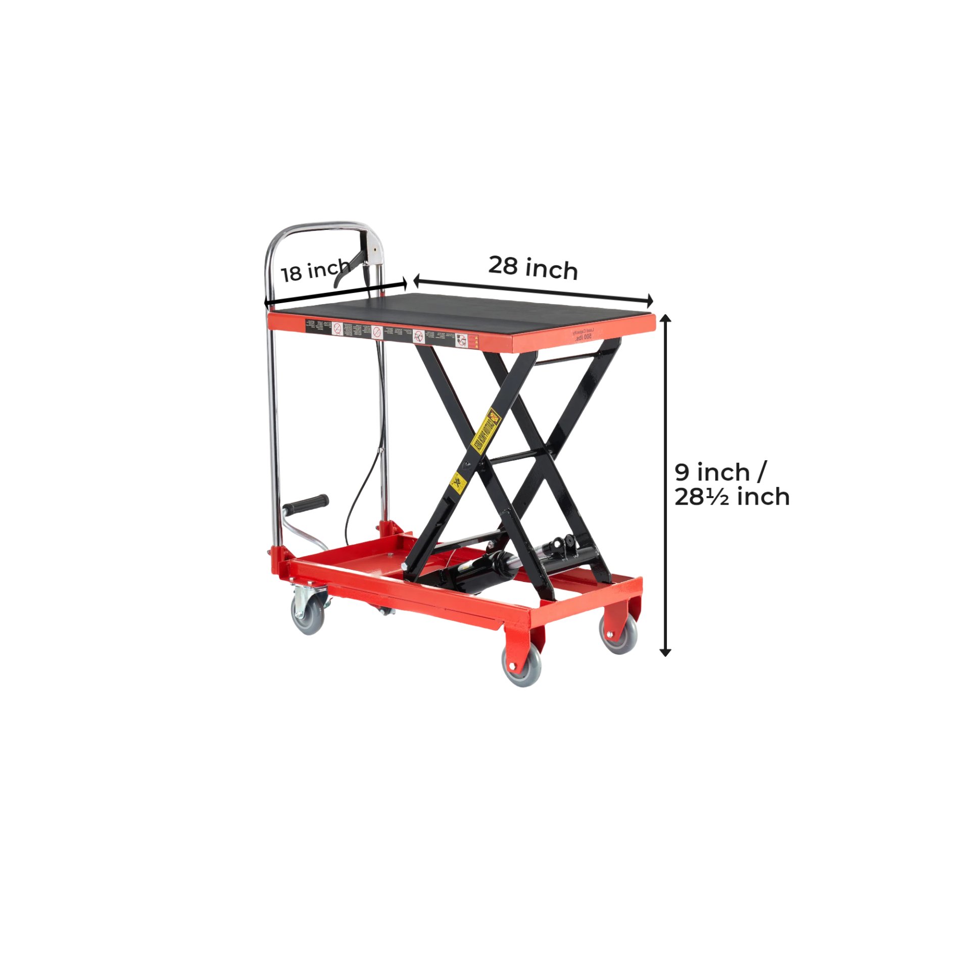 Hydraulic Lift Table Cart 500Lbs Load Red Single Scissor Lift With Non Slip Pads And Wheels - Red / Black - Image 3