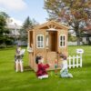 Wooden Playhouse For Kids Outdoor With Working Door, Windows, Mailbox, Bench, Flowers Pot Holder - Natural - Image 2
