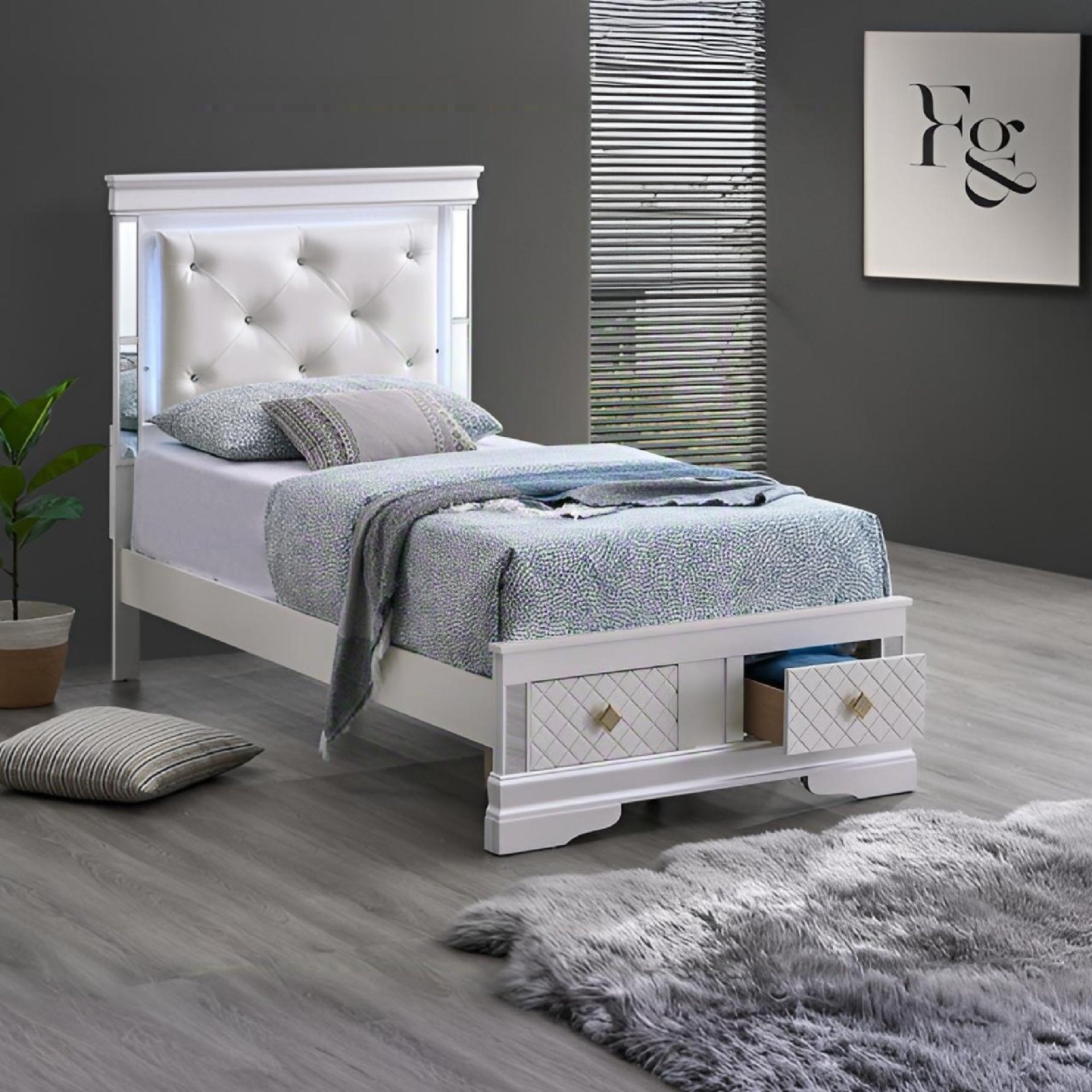 Verona - Twin Bed With Upholstered Headboard, LED Accent Lighting, 2 Drawers, Mattress Not Included - White - Image 2