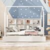 Twin Size House Bed & Trundle, Kids Bed With Shelf - White - Image 2