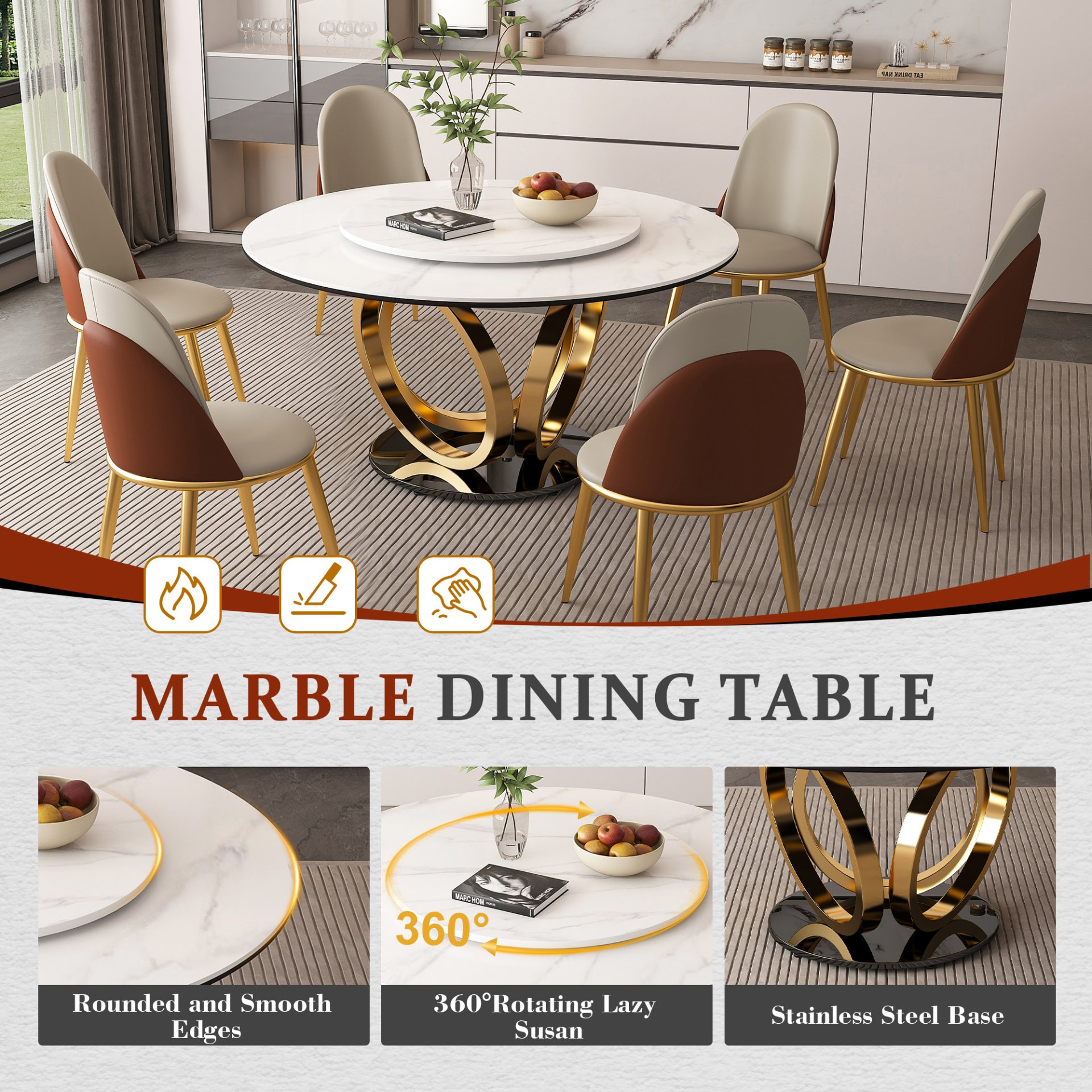 Round Dining Table With 360° Smooth Lazy Susan Stain / Heat - Gold / Black / White - Image 11