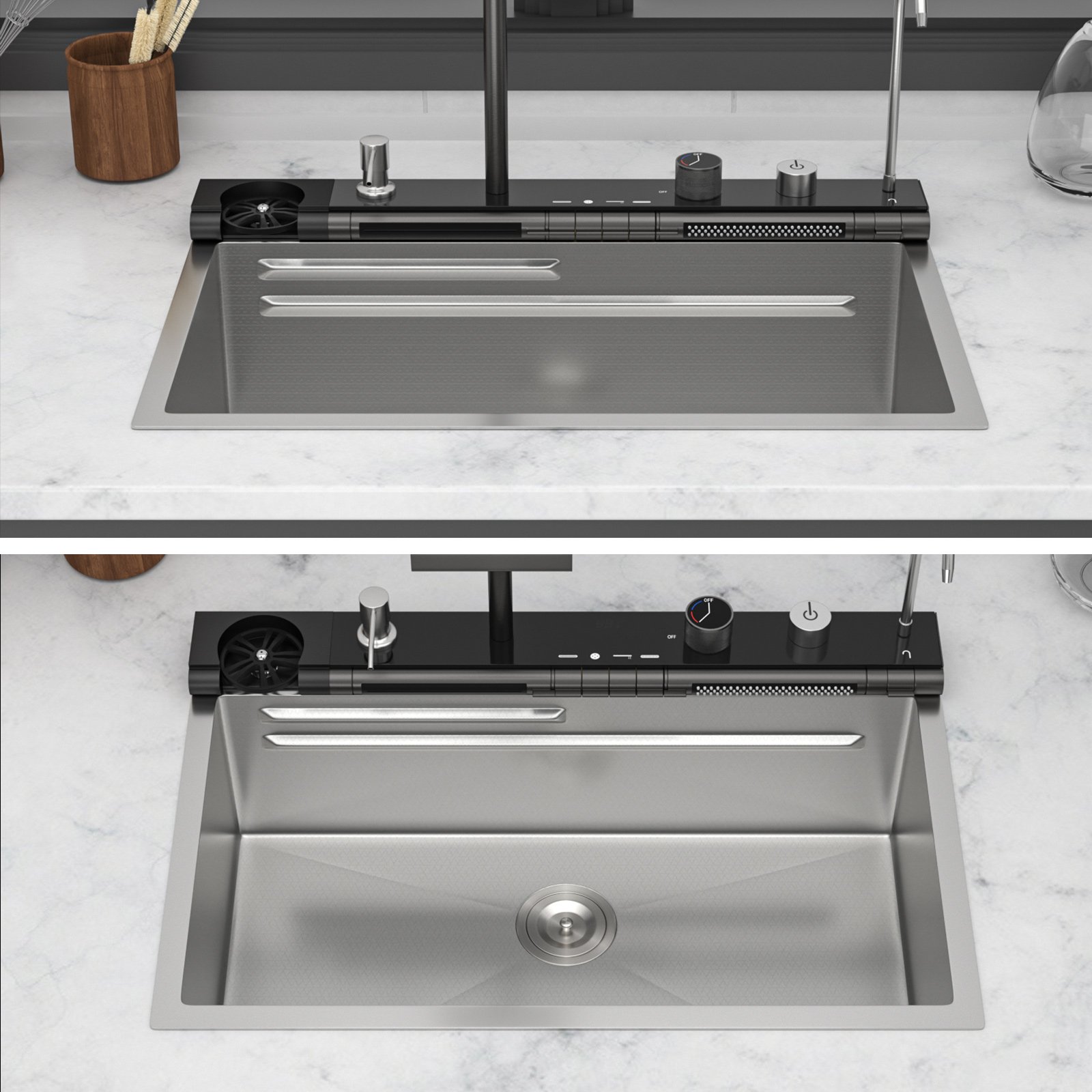 30" Kitchen Sink Waterfall Single Bowl Ledge Workstation With Smart LED Faucet, 16 Gauge T304 - Brushed Nickel - Image 6