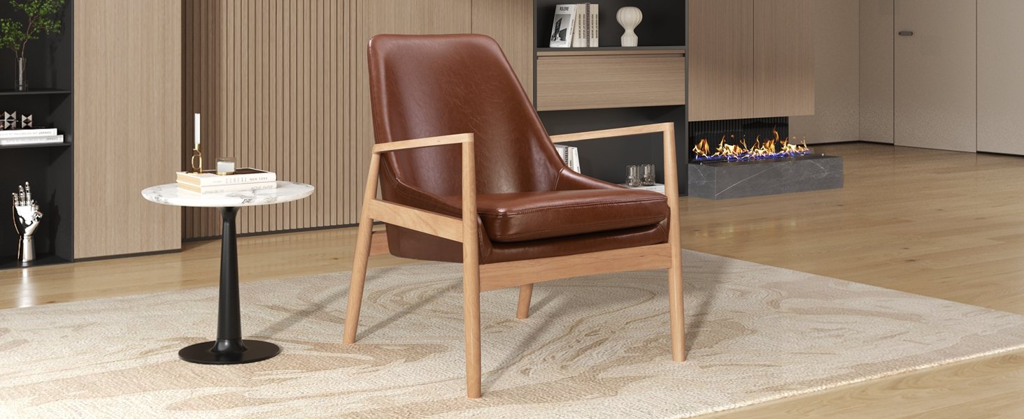 Accent Chair, Mid-Century Modern Armchair With Solid Wood Frame, Reading Leisure Chair With High Back For Living Room - Brown - Image 5