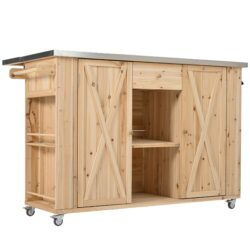 Outdoor Kitchen Island Fir Wood Kitchen Island With Stainless Steel Top, Ample Storage Space, Towel And Spice Racks And A Bottle Opener For Outdoor - Natural