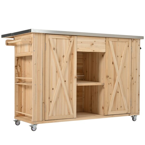 Outdoor Kitchen Island Fir Wood Kitchen Island With Stainless Steel Top, Ample Storage Space, Towel And Spice Racks And A Bottle Opener For Outdoor - Natural