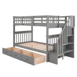 Twin Over Twin Bunk Stairway Bed With Three Drawers For Bedroom - Gray