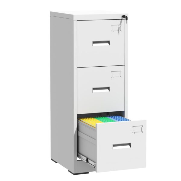 Metal Vertical File Cabinet With Lock And Card Slot For A4 Legal / Letter Size, Durable Steel, 3 Drawers - White