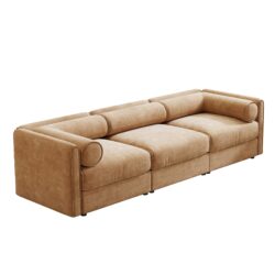 Elegant Chenille Sofa With Storage Seat Cylindrical Backrest And Armrests Contemporary 3 Seater Fabric Couch - Camel