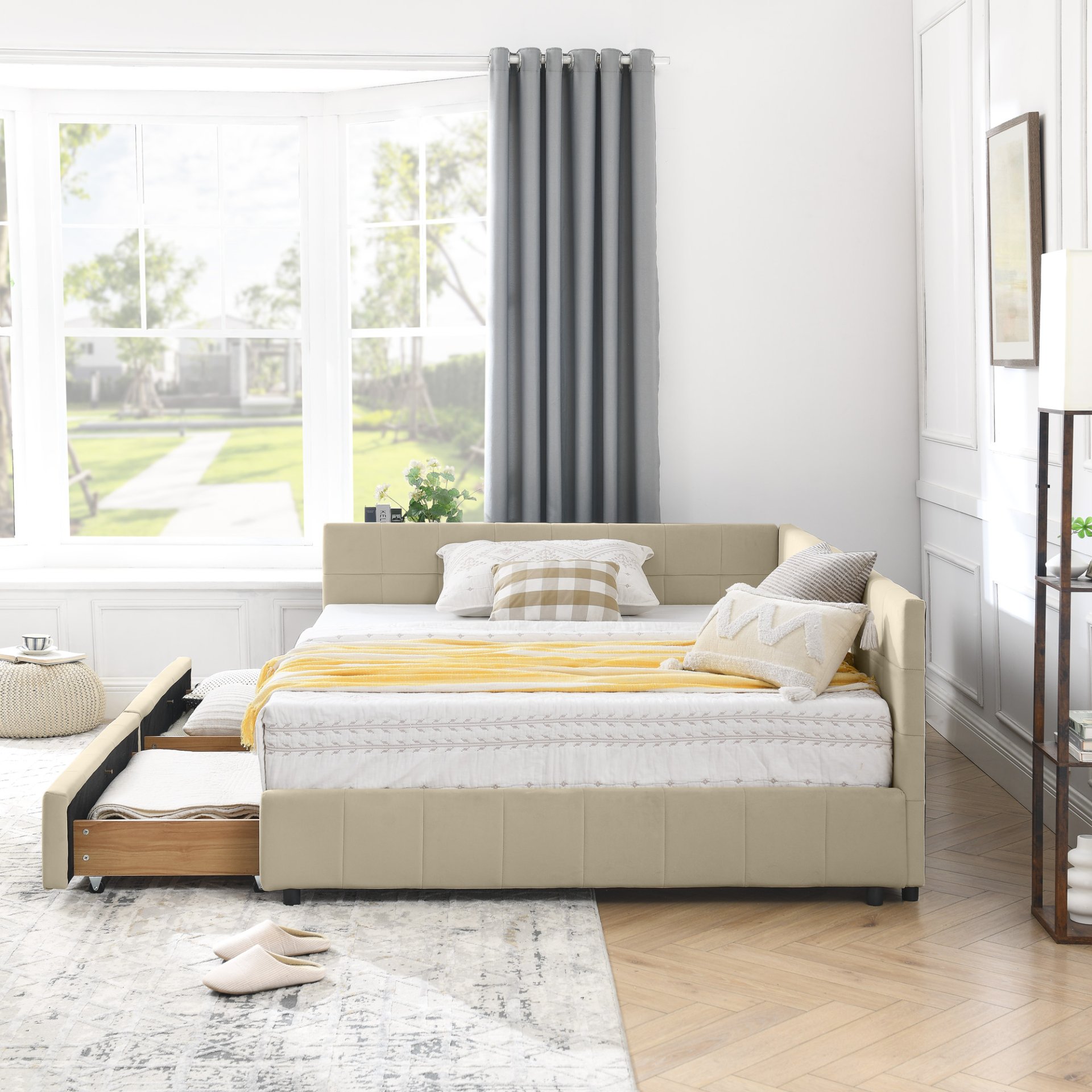 Mid Century Full Size Storage Upholstered Tufted Bed Frame With Backrest And Armrests Velvet - Beige - Image 6