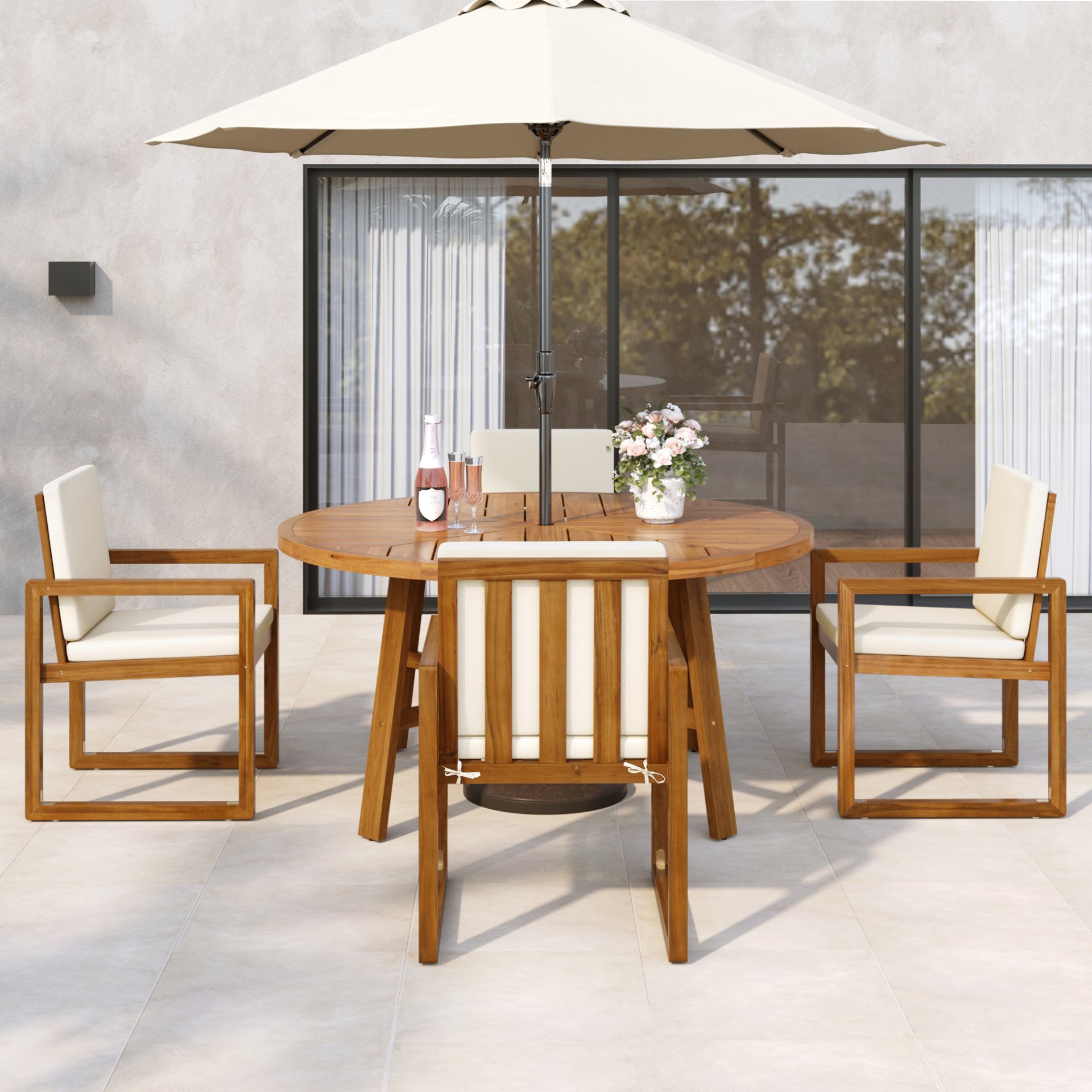 5 Piece Outdoor Patio Dining Set With 4 Armchairs And Table - Beige - Image 7
