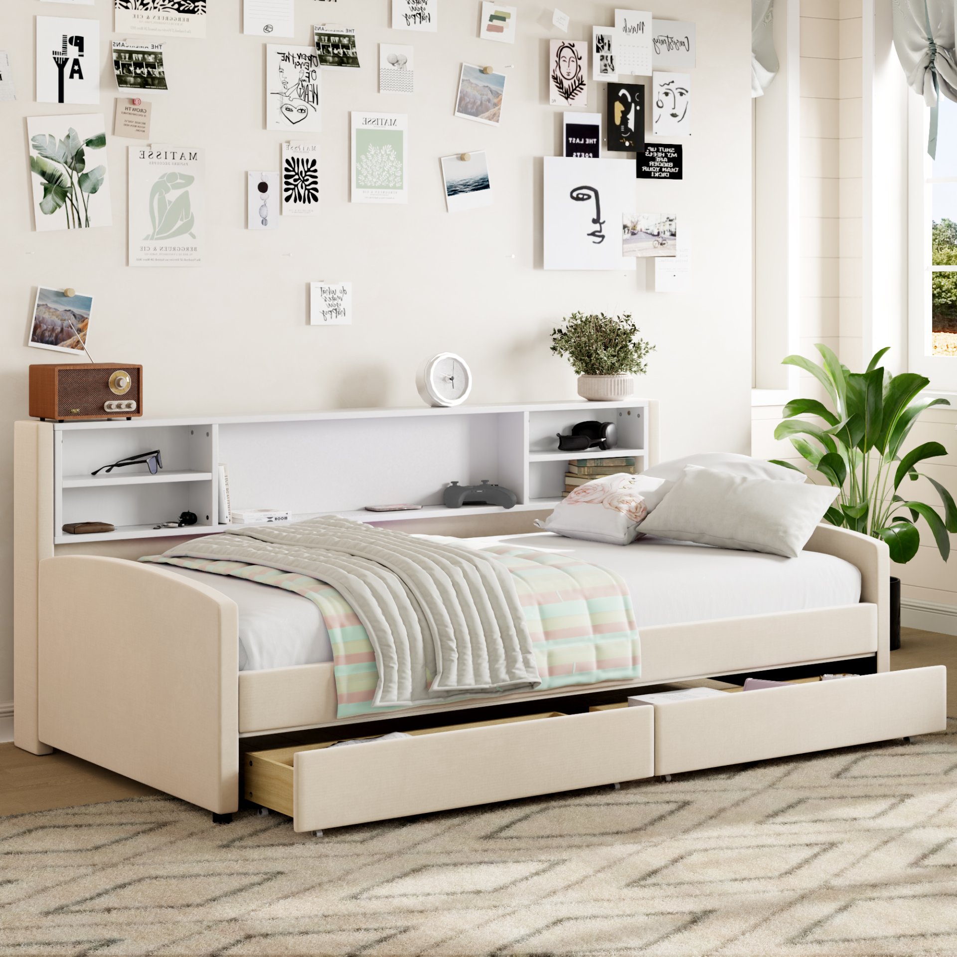 Twin Size Luxurious Upholstered Platform Bed With Storage Drawers - Beige - Image 2