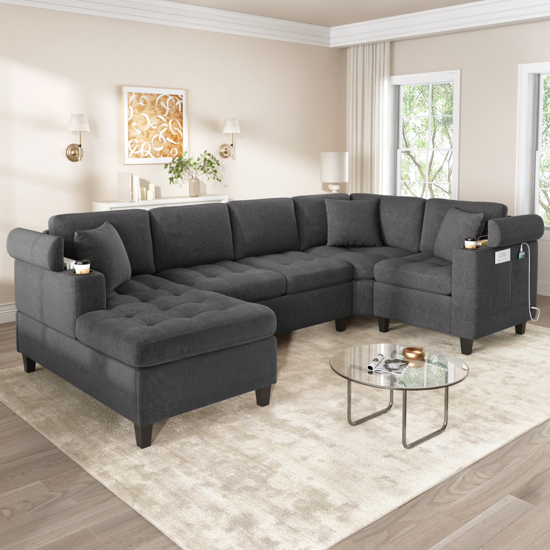 U Shaped Sectional Sofa, Corner Living Room Couch With Built In Cup Holders, Storage, USB Ports - Gray - Image 3