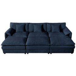 Oversized Deep Seat Sectional Cloud Sofa Sleeper With 3 Ottomans & Soft Pillows, Modular Couch Bed - Blue