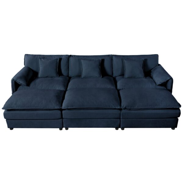 Oversized Deep Seat Sectional Cloud Sofa Sleeper With 3 Ottomans & Soft Pillows, Modular Couch Bed - Blue