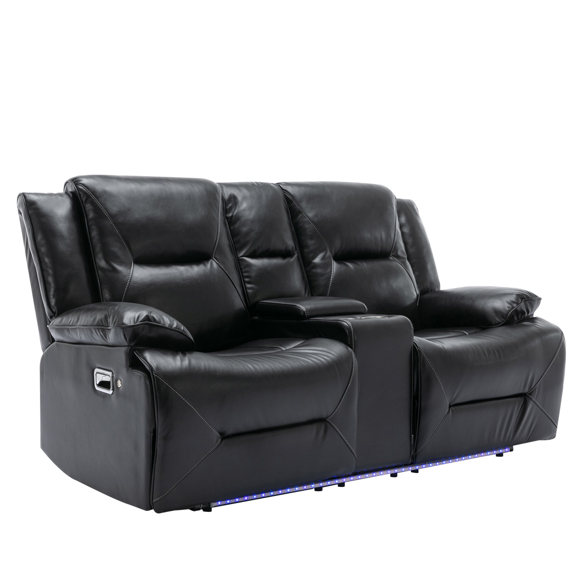 2 Seater Home Theater Recliner Manual Recliner Chair With A Led Light Strip Two Cup Holders And A Storage Box For Living Room - Black - Image 9