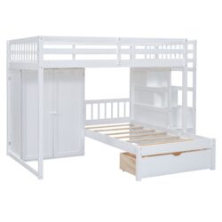 Full Over Twin Bunk Bed With Wardrobe, Drawers - White